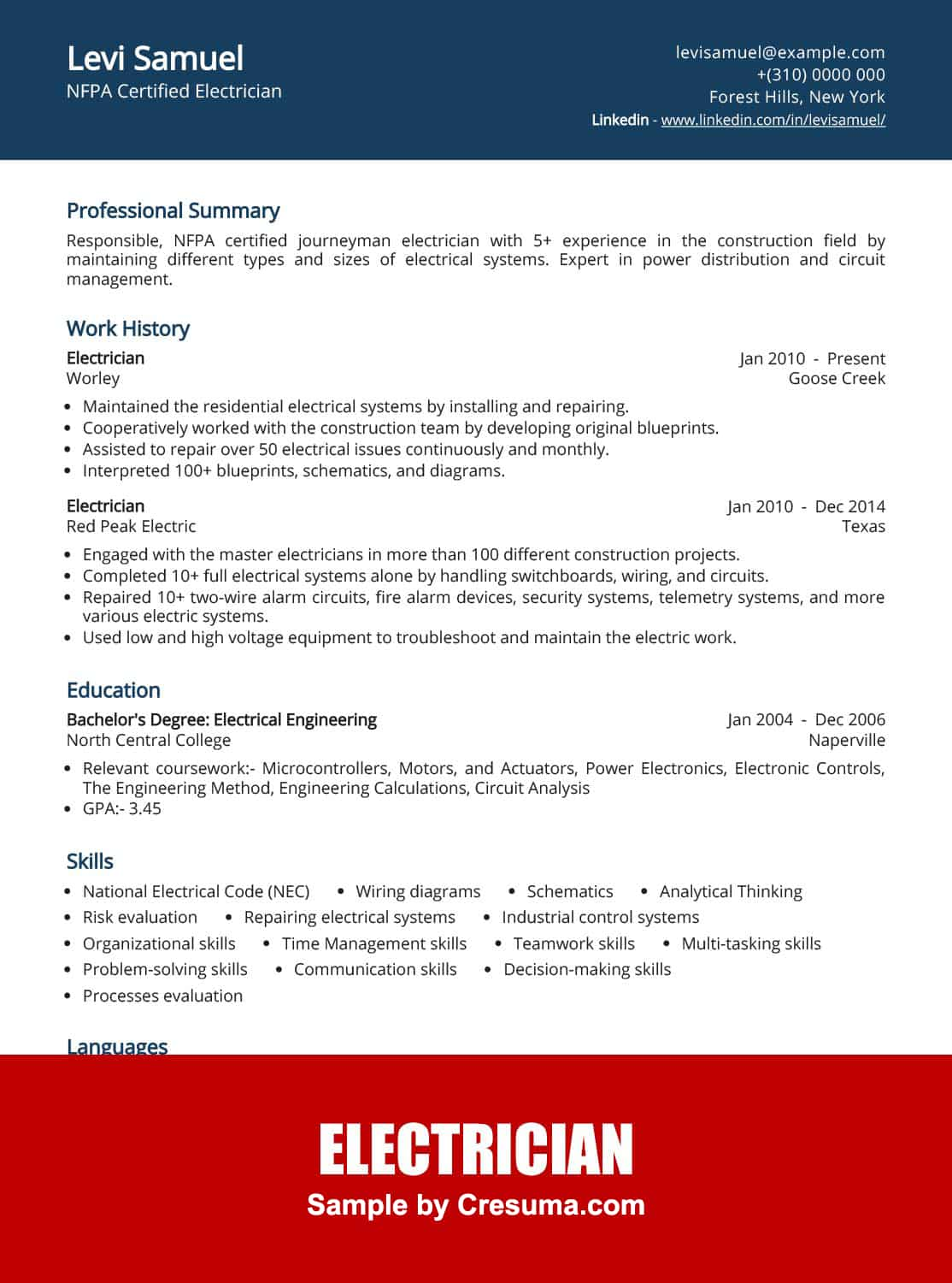 Electrician Resume Example & Writing Guide | Cresuma