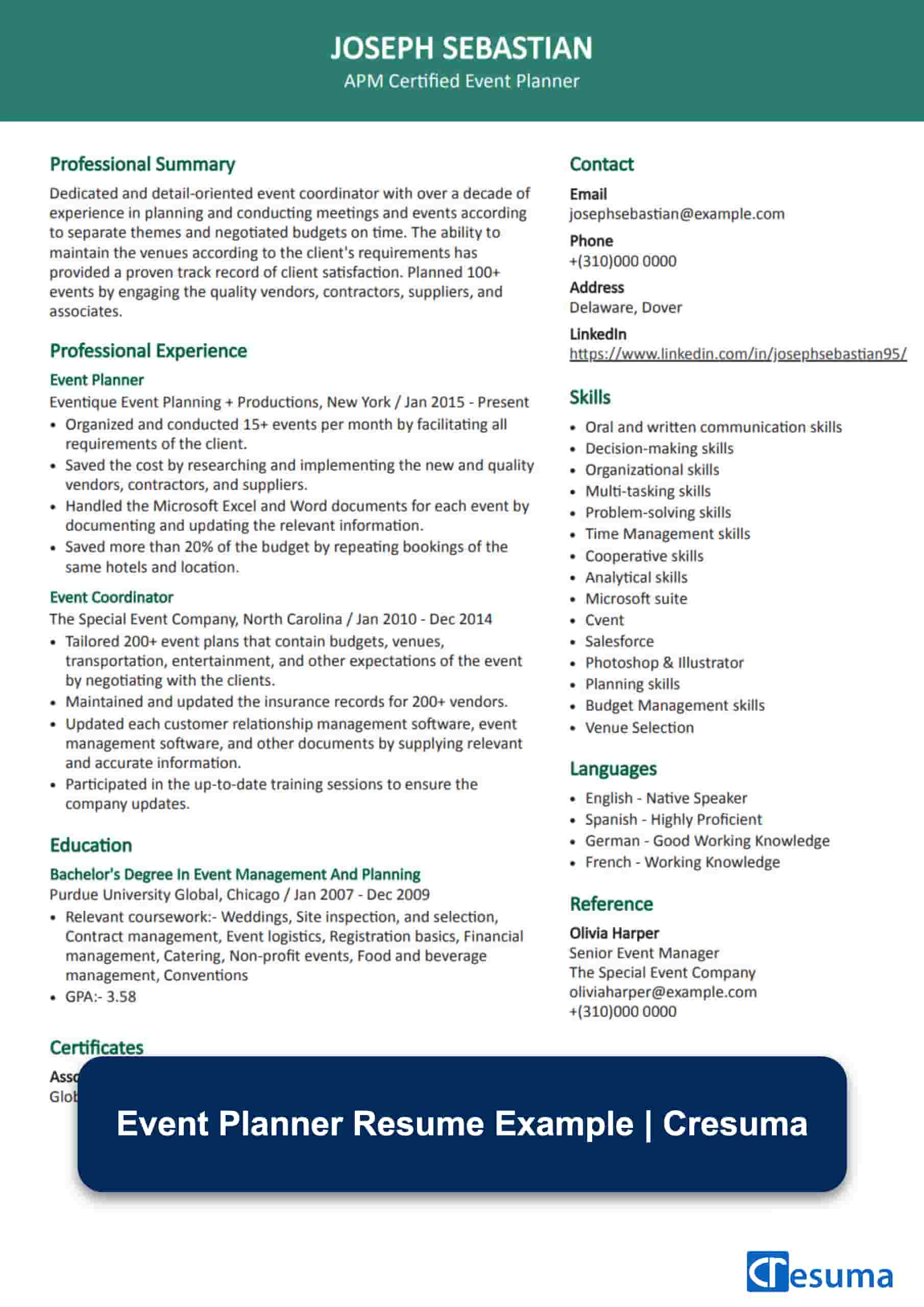 Special Event Coordinator Resume Sample