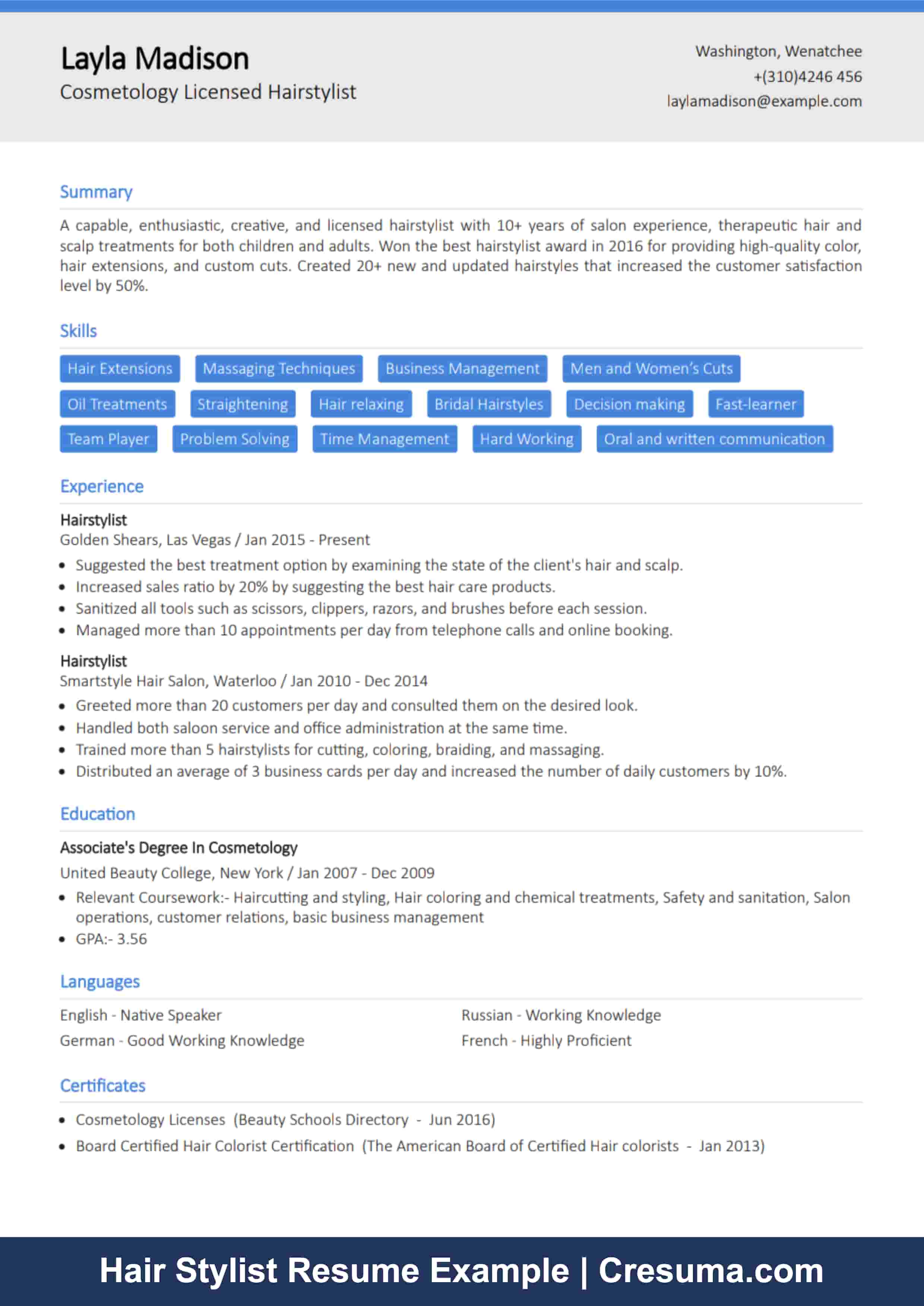 Hairdresser resume example image