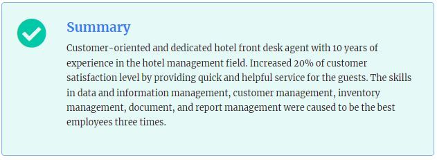 hotel front desk agent resume example summary