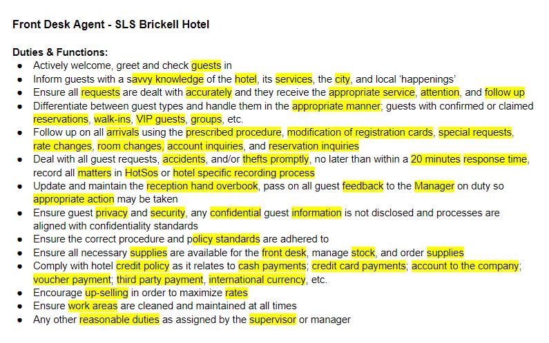 List of the relevant keywords for a Front Desk Assistant 