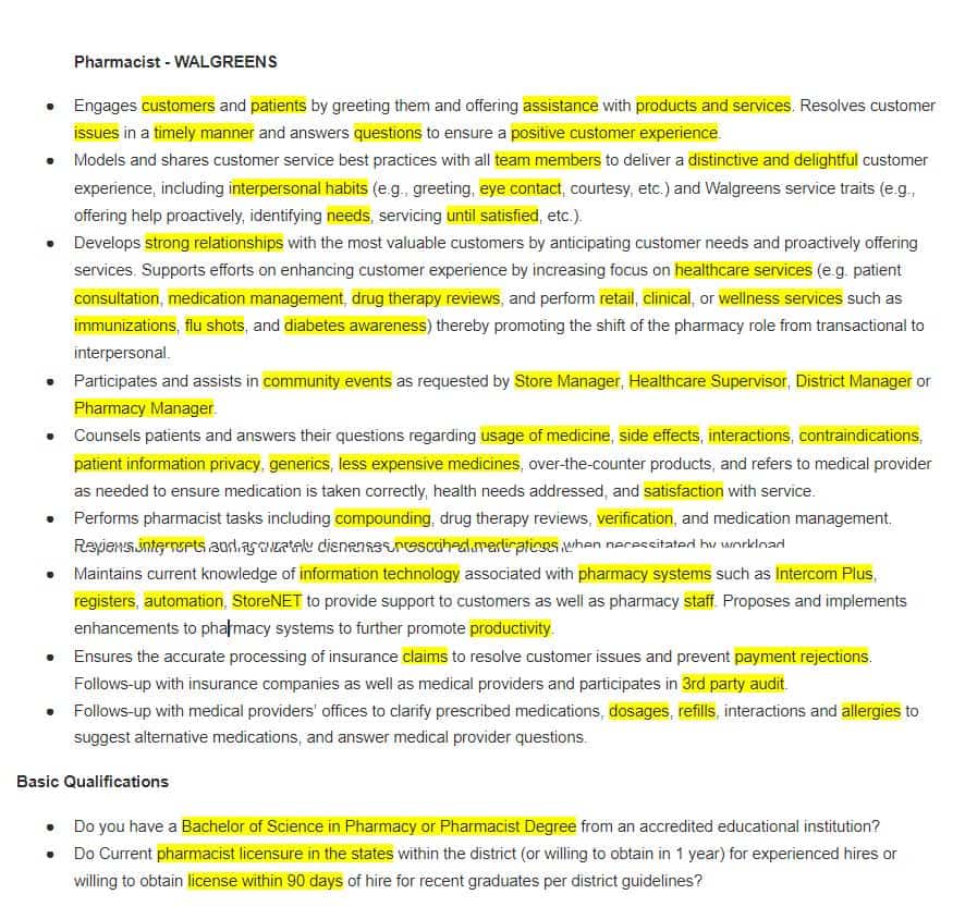list of the relevant keywords for a  Pharmacist 