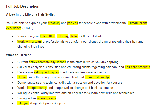 Main keywords from a job advertisement of a hair stylist