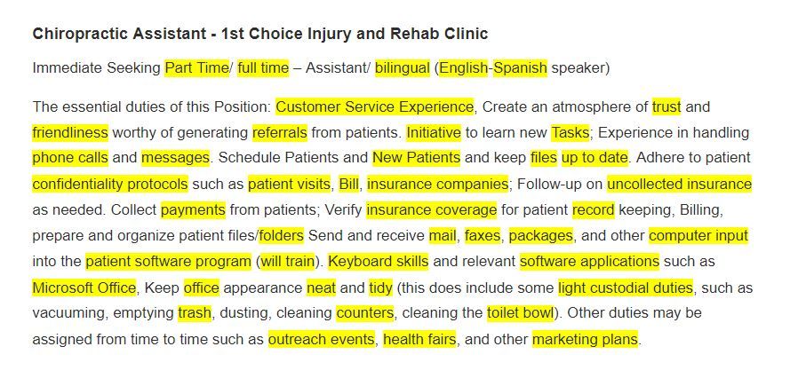 Chiropractic Assistant resume example keywords - job postings