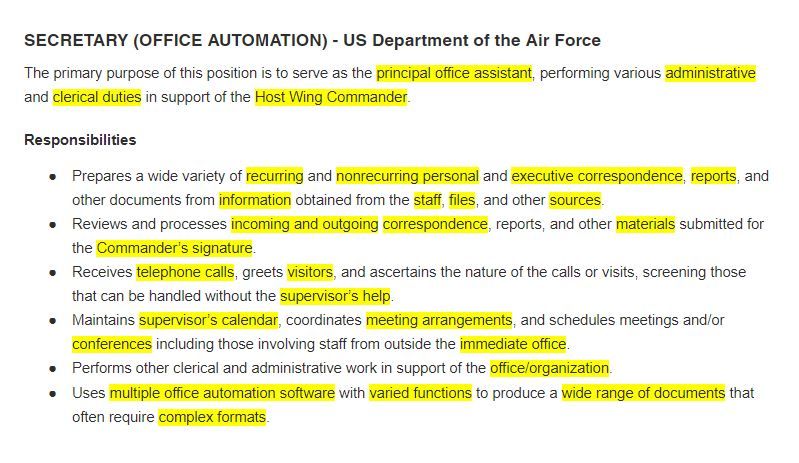 Secretary resume example - job description