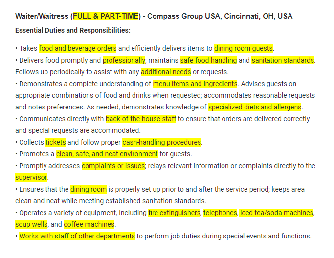 List of the keywords related to a waiter/ waitress CV Example