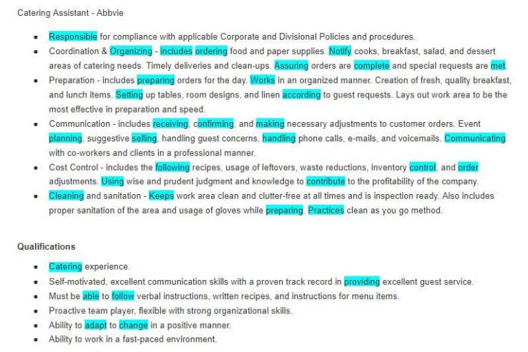 list of the action verbs for a Catering Assistant