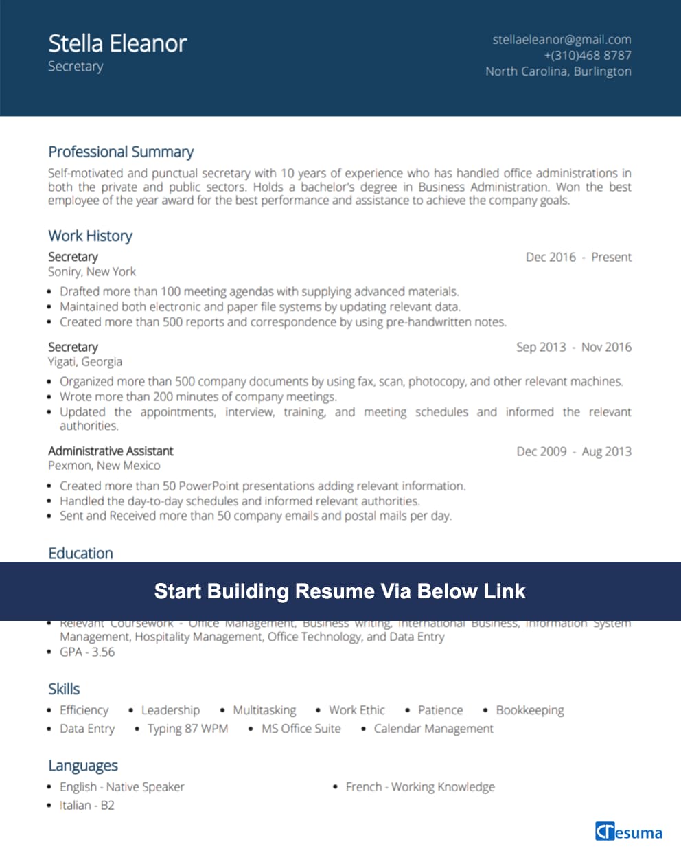 Secretary Resume Example image - Cresuma
