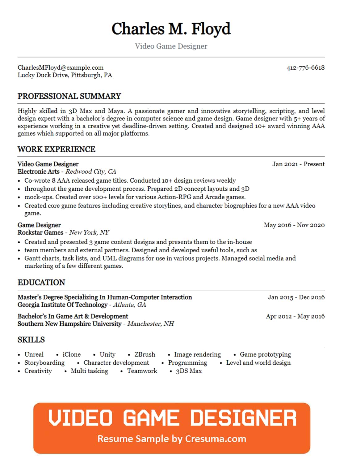 Video Game Designer Resume Example Writing Guide Cresuma   Video Game Designer Resume Example 