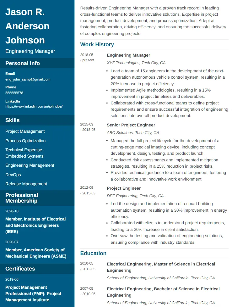 Engineering manager CV example