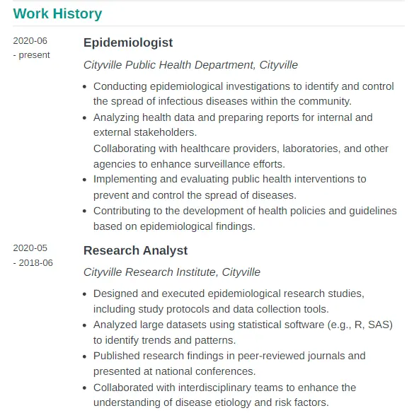 Epidemiologist CV - Work history example