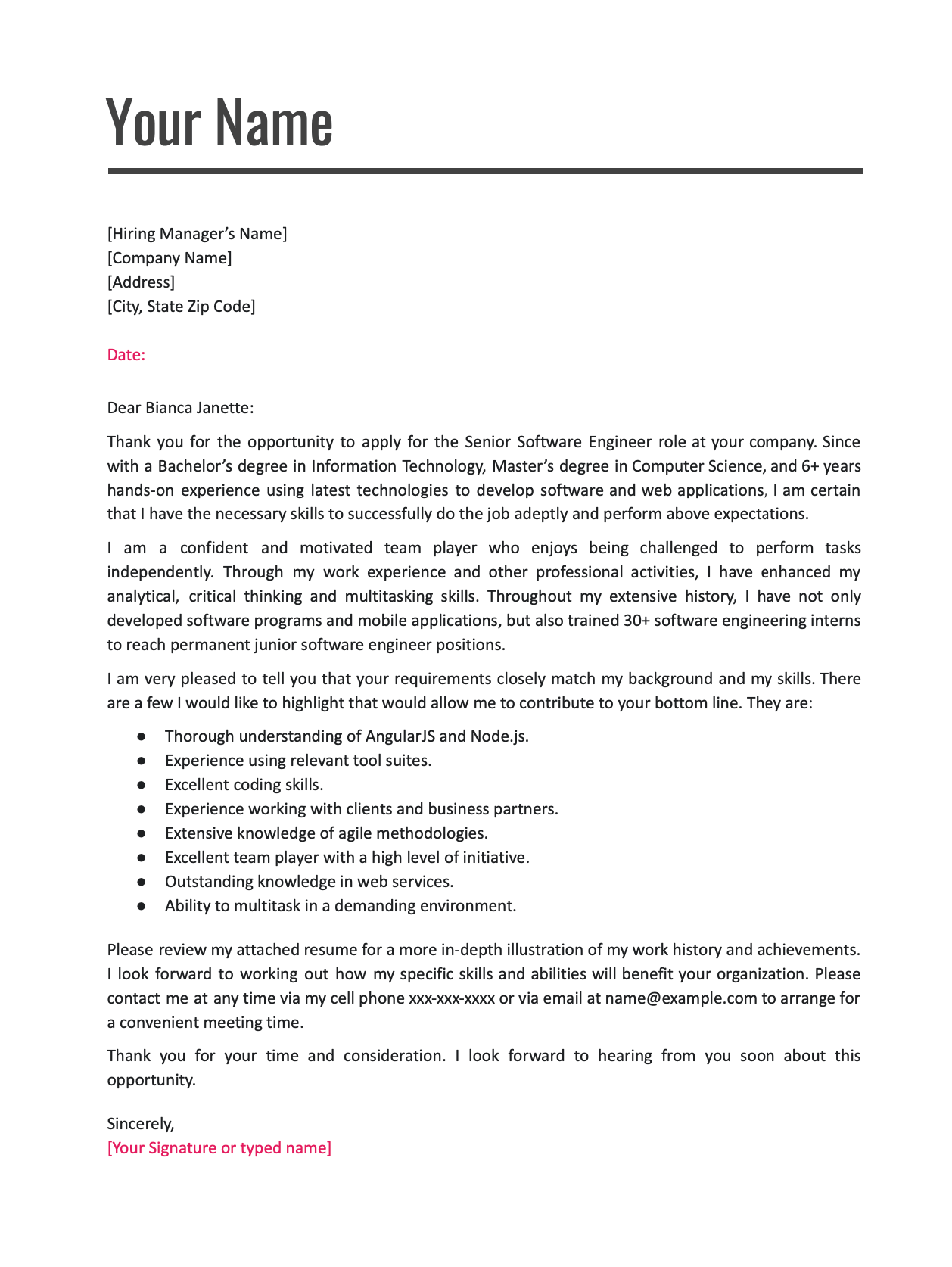 cover letter template software engineer