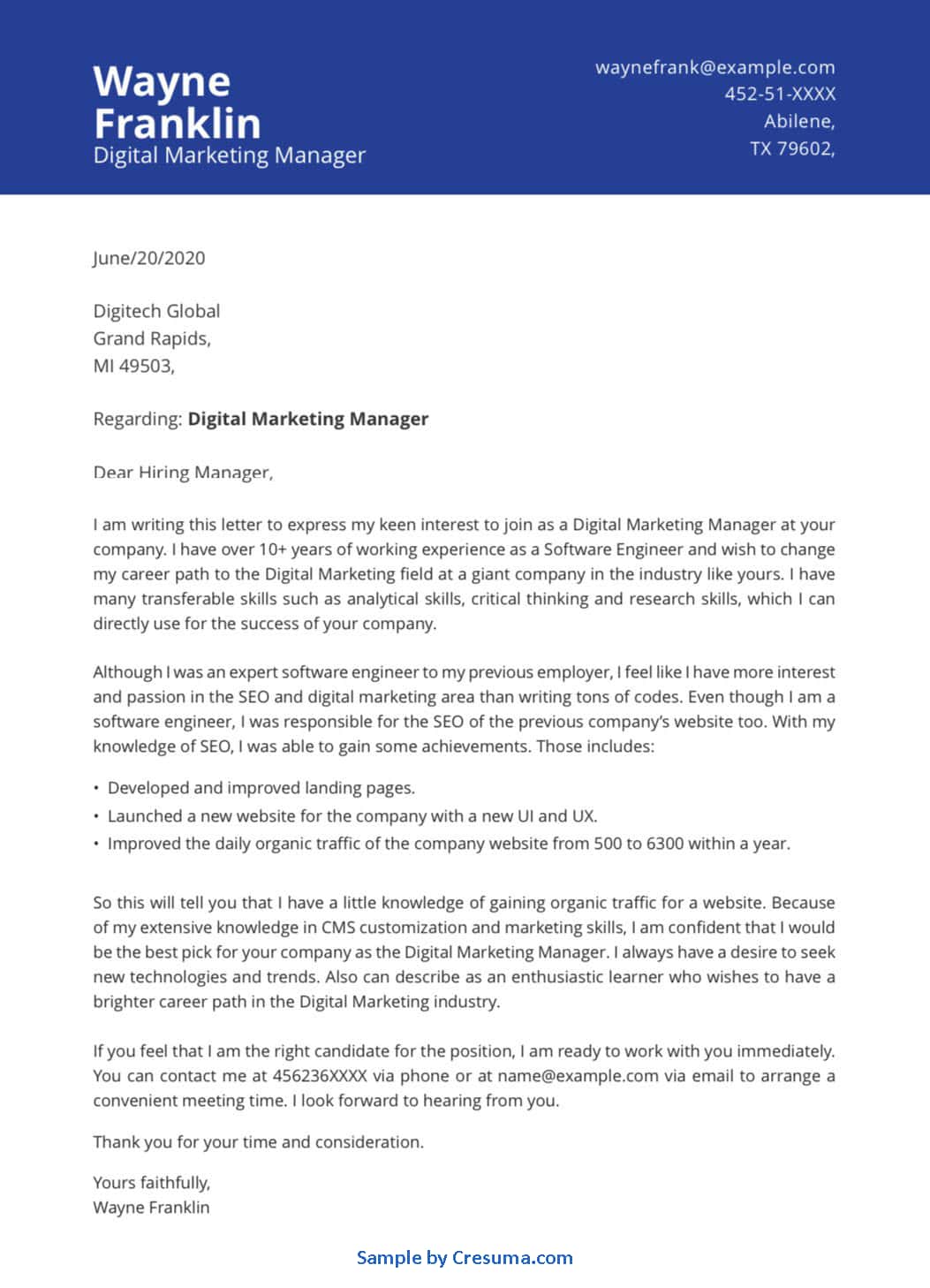 cover letter to change position within company