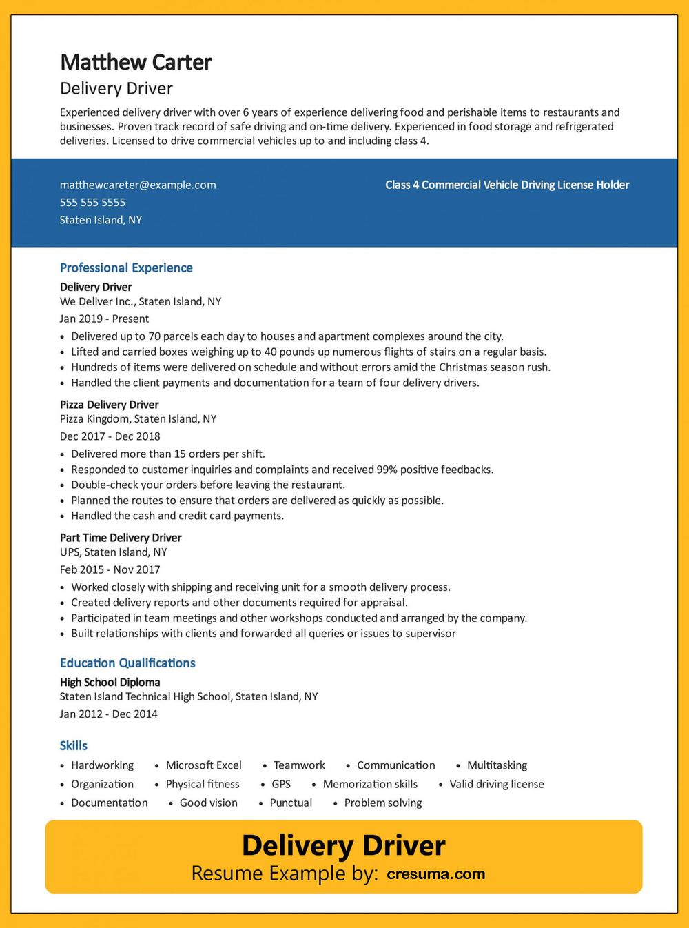 Delivery Driver Resume Example and Writing Guide Cresuma