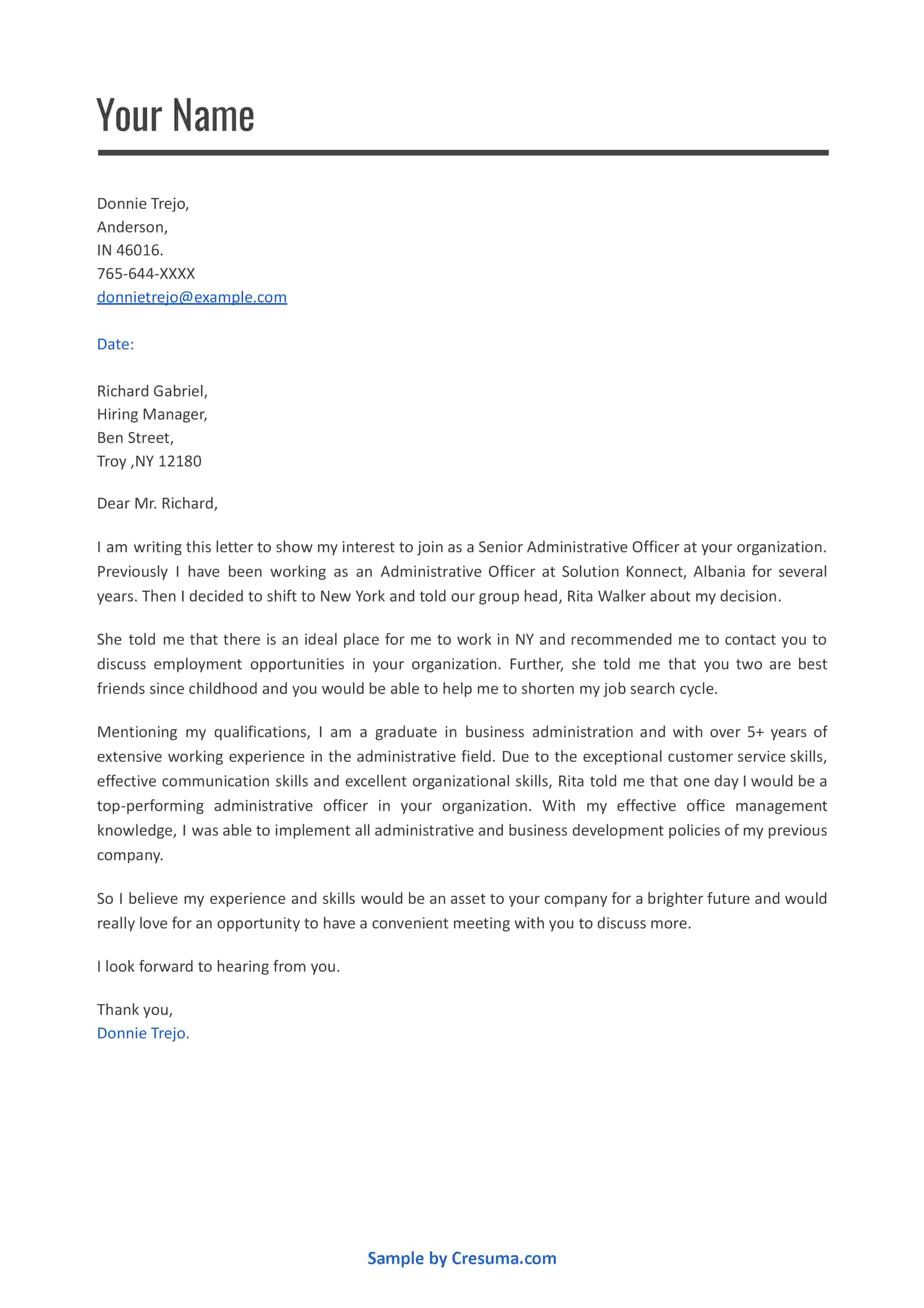 Networking Cover Letter Example & Writing Guide Cresuma