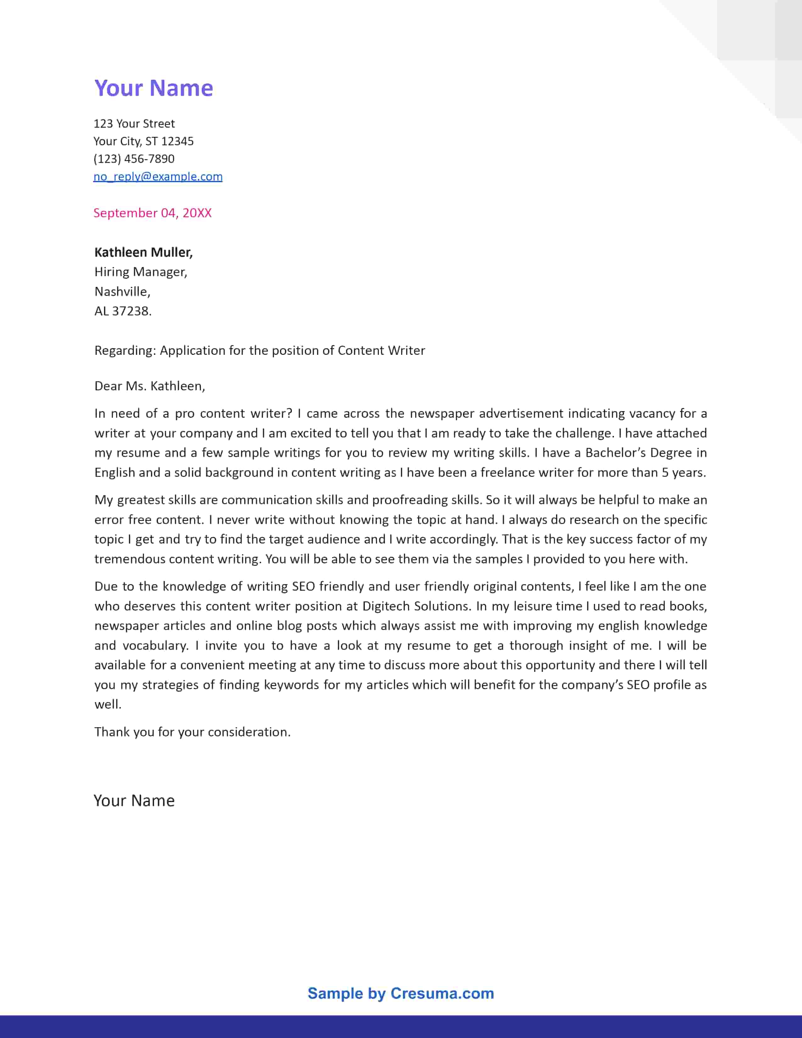 Cover Letter Example for a Content Writer | Cresuma