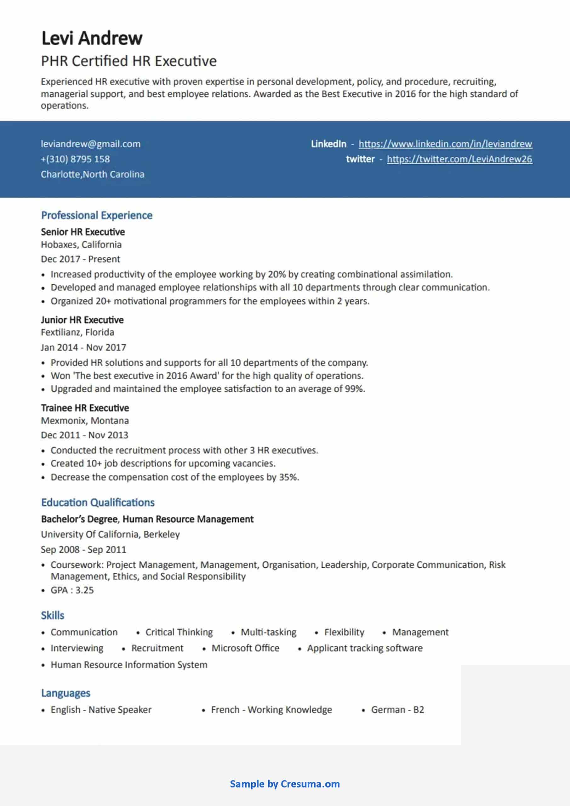 resume format download for hr executive