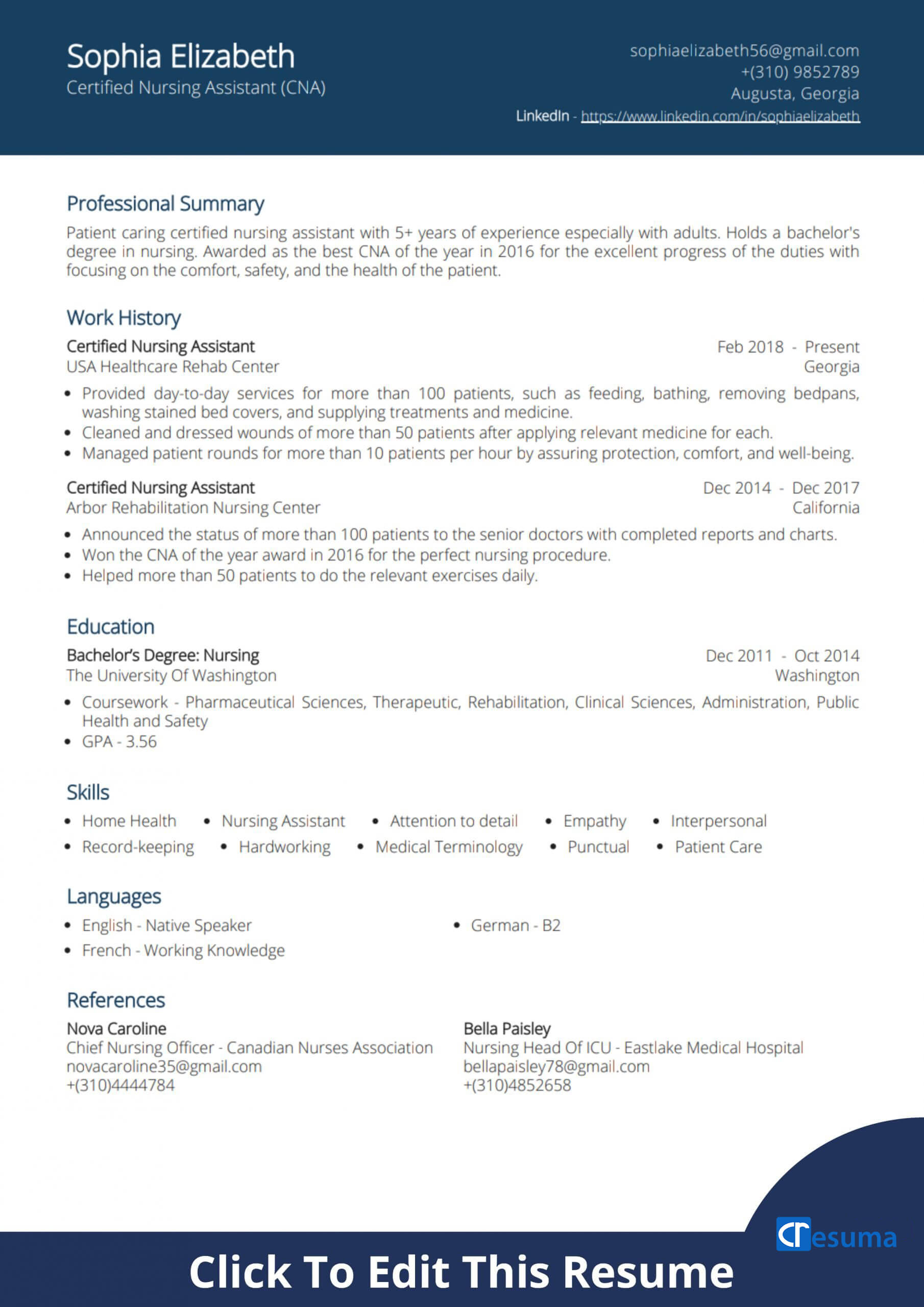 Certified Nursing Assistant (CNA) Resume Example