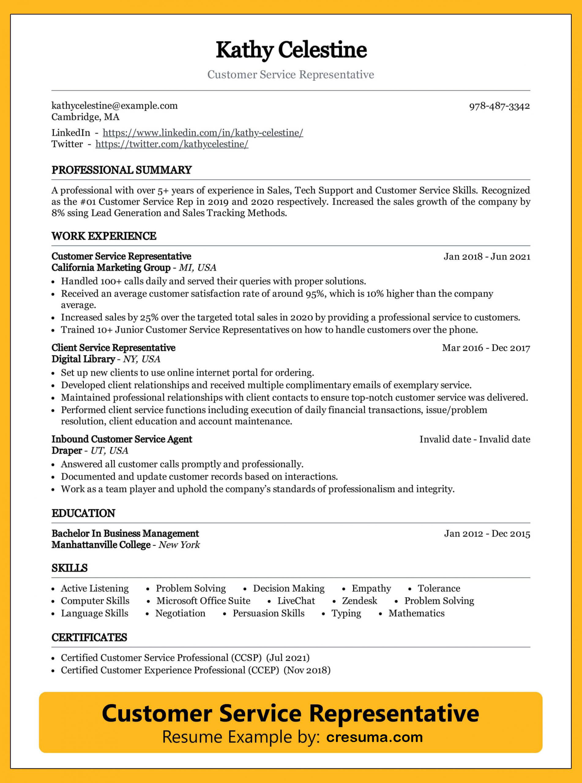 resume sample for customer service representative