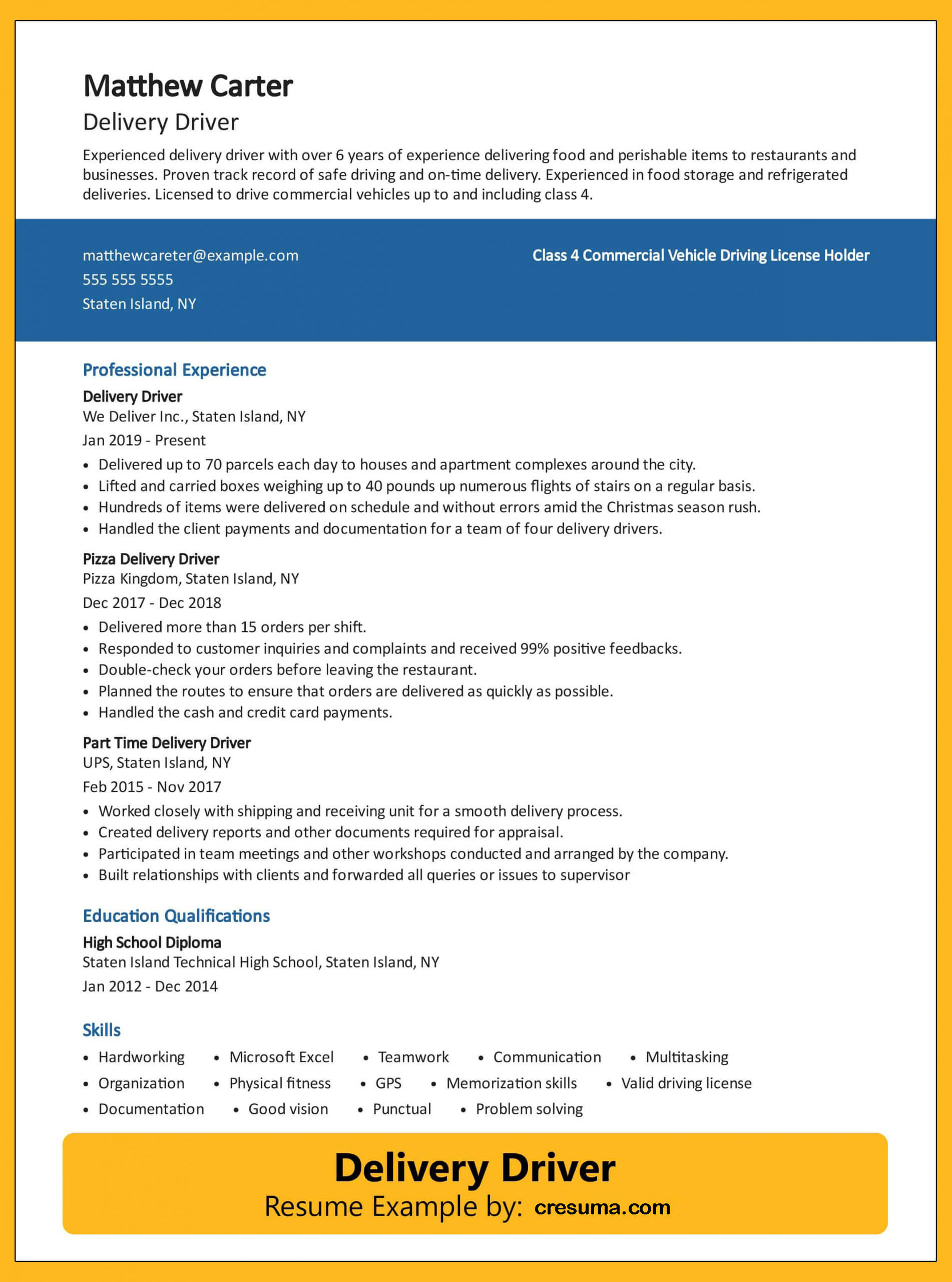 resume headline examples for delivery driver