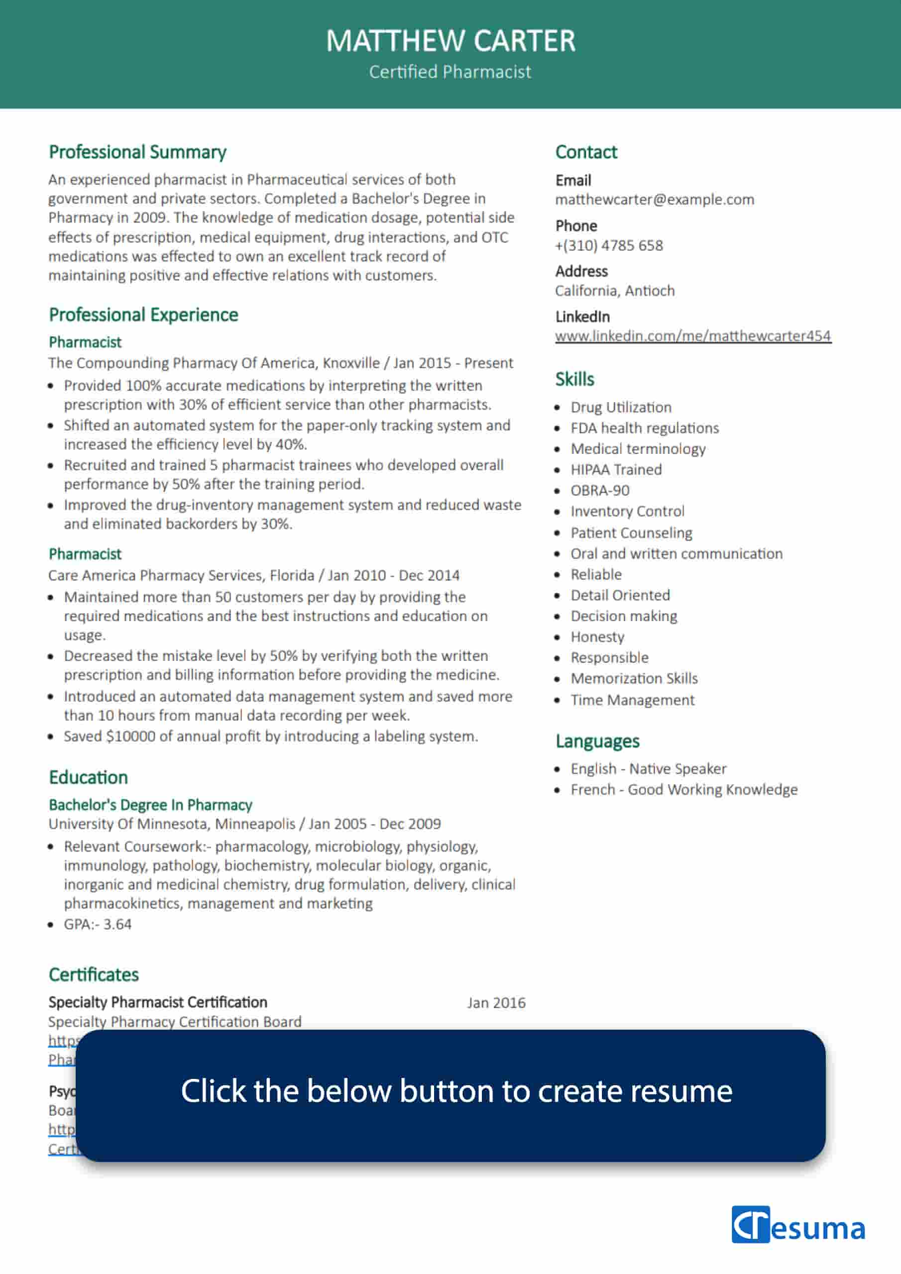 resume format for pharmacist freshers