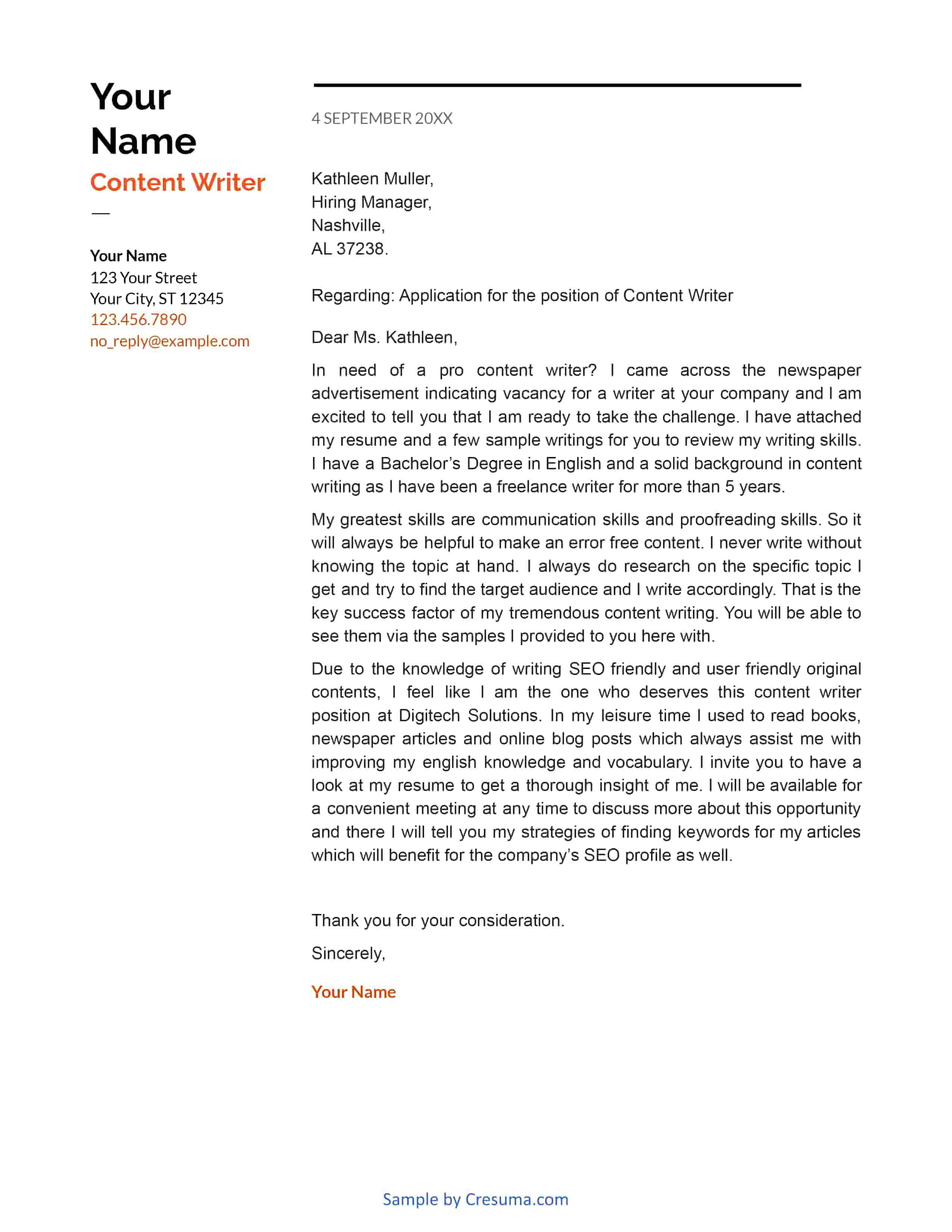 cover letter for content writer fresher