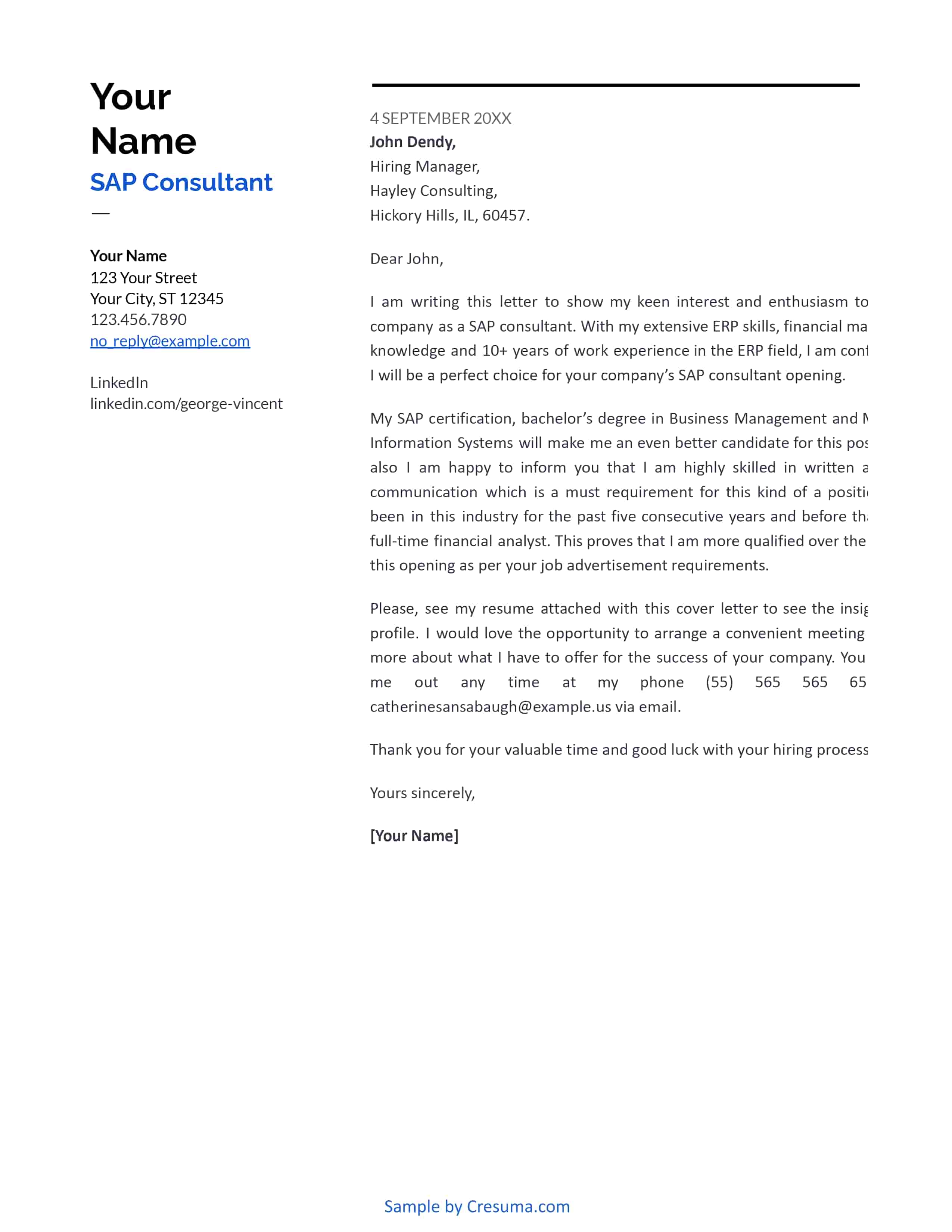 sap consultant cover letter example