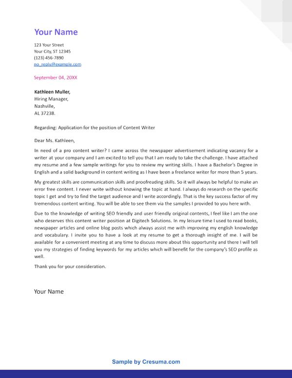 Cover Letter Example for a Content Writer | Cresuma