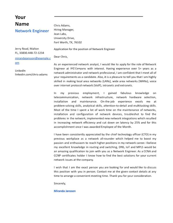 it network engineer cover letter