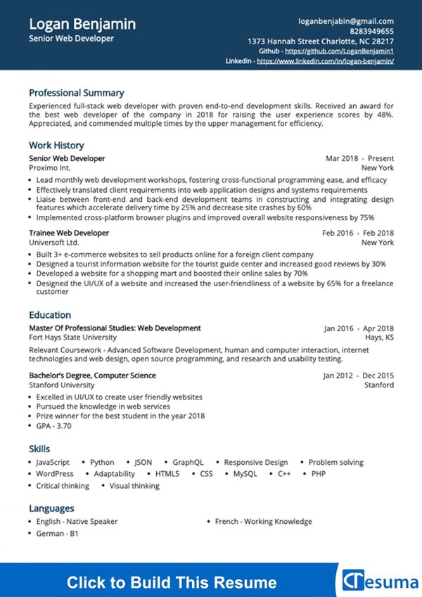 Web Developer Resume Example 2024