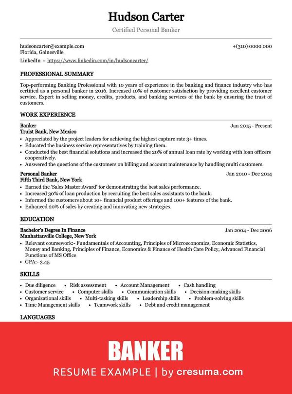 Banker Resume Example and Writing Guide Cresuma