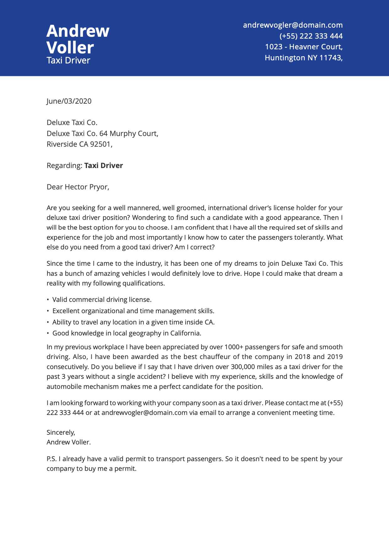 taxi driver cover letter