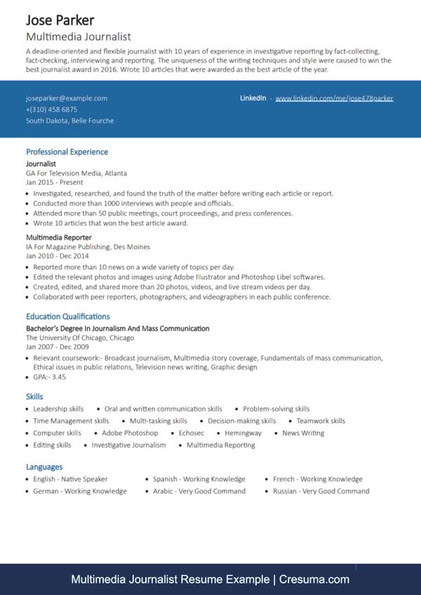 Journalist Resume Example & Writing Guide | Cresuma