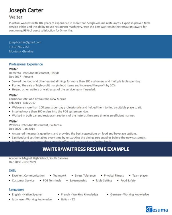 Waiter/Waitress Resume Example (+Writing Guide) | Cresuma